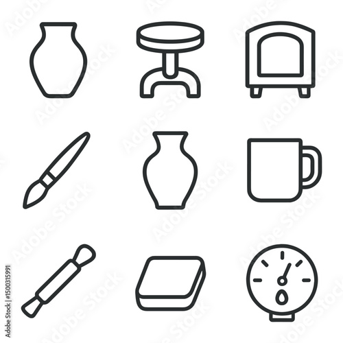 Pottery Icon Set. Outline icon set of pottery and ceramics: clay pot, pottery wheel, kiln, glaze brush, vase, mug, sculpting tool,