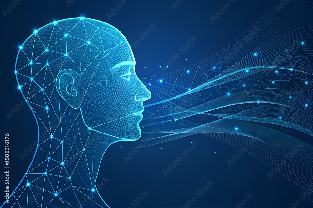Obraz premium Digital human head profile with data stream flowing