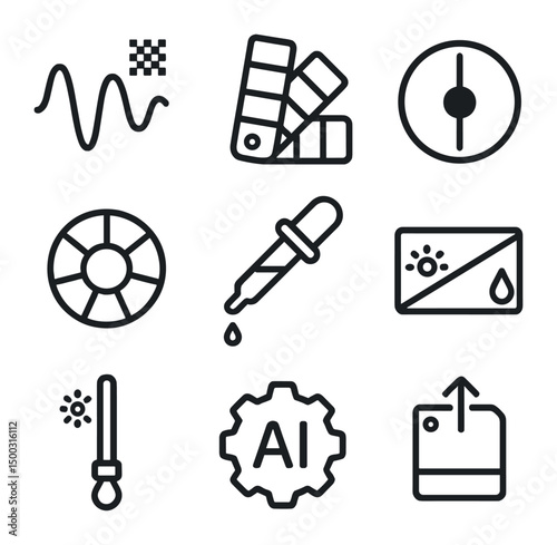 Predictive Palette Icons. Outline icon set of predictive color palette: algorithm wave, color swatch, contrast meter, harmony