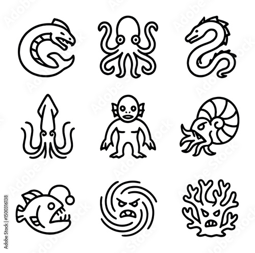 Underwater Monster Icons. Outline icon set of undersea monsters of the deep: Leviathan, Kraken, Sea Serpent, Abyssal Squid, Deep