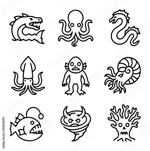 Underwater Monster Icons. Outline icon set of undersea monsters of the deep: Leviathan, Kraken, Sea Serpent, Abyssal Squid, Deep