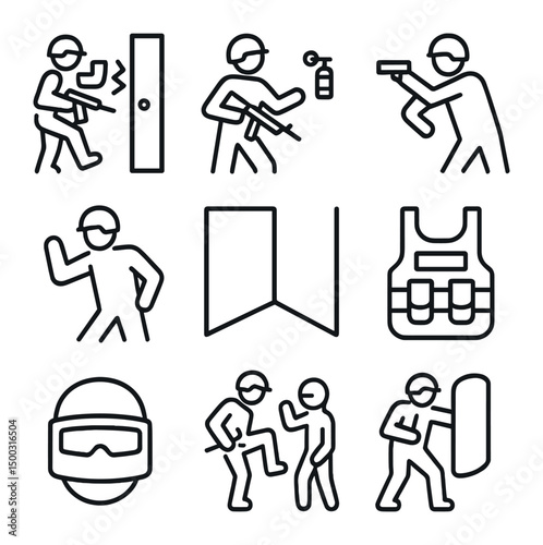 Urban and Stealth Icon Set. Outline icon set of urban CQB melee: doorway breach, flashbang toss, pistol butt strike, elbow blow,