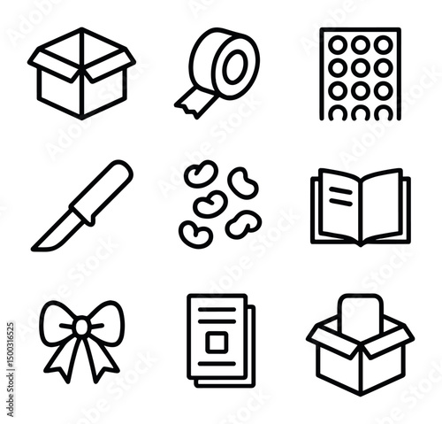 Product Unboxing Icons. Outline icon set of product unboxing: open box, packing tape, bubble wrap, unboxing knife, packing peanuts