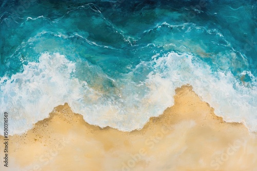 Aerial view of ocean waves crashing on a sandy beach