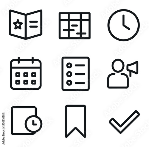 Program Icon Set. Outline icon set of program and schedule: program booklet, schedule chart, clock icon, calendar, agenda list,