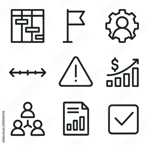 Project Task Icons. Outline icon set of project management tasks: gantt chart, milestone flag, resource icon, timeline arrow, risk
