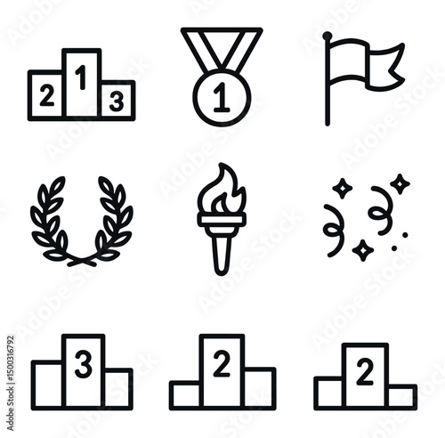 Victory Icons Set. Outline icon set of winners podium and medals: podium stage, first-place pedestal, second-place step,