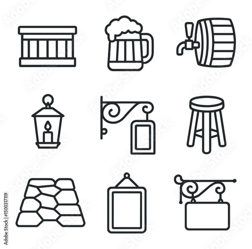 Vintage Tavern Icons. Outline icon set of vintage tavern beer mug scene: wooden bar counter, beer mug, barrel tap, candle lantern,