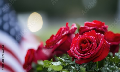 US flag with roses for Memorial Day and Veterans Day. AI generated illustration.