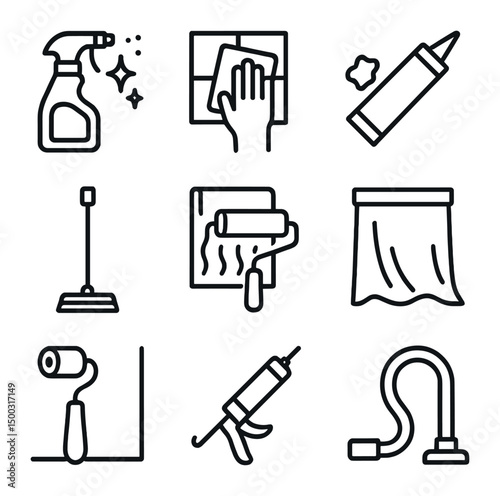 Wall Prep Icon Set. Outline icon set of wall preparation steps: cleaning solution spray, degreaser cloth, filler tube, sanding
