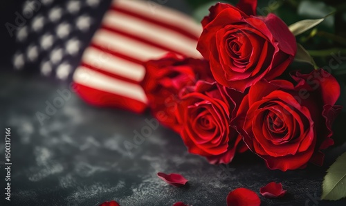US flag with roses for Memorial Day and Veterans Day. AI generated illustration.