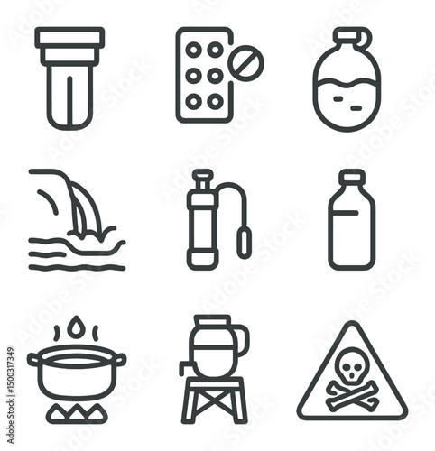 Water Purification Icons. Outline icon set of water procurement and purification: water filter, purification tablets, collapsible