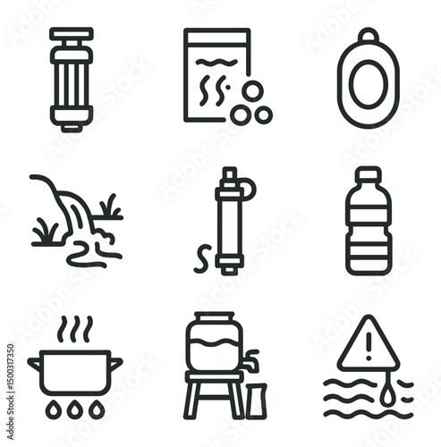 Water Purification Icons. Outline icon set of water procurement and purification: water filter, purification tablets, collapsible
