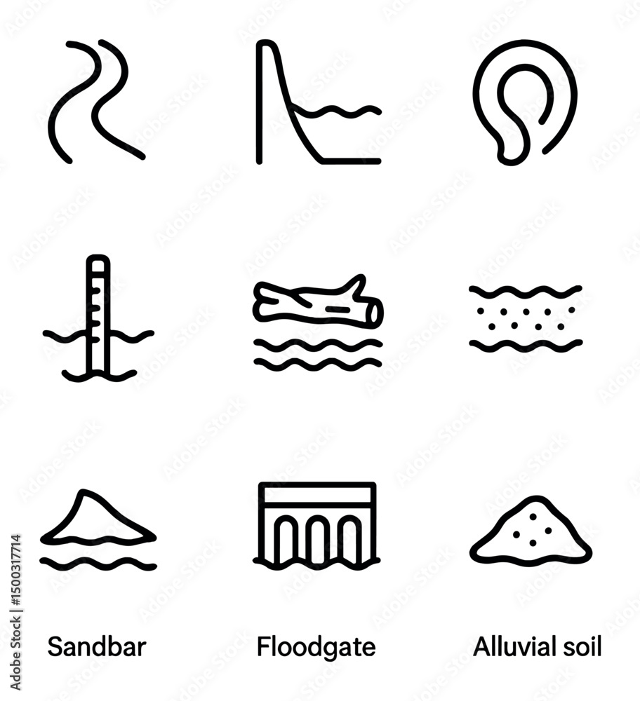Fototapeta premium River Floodplain Icons. Outline icon set of river floodplains: river bend, levee wall, oxbow lake, flood marker, driftwood,
