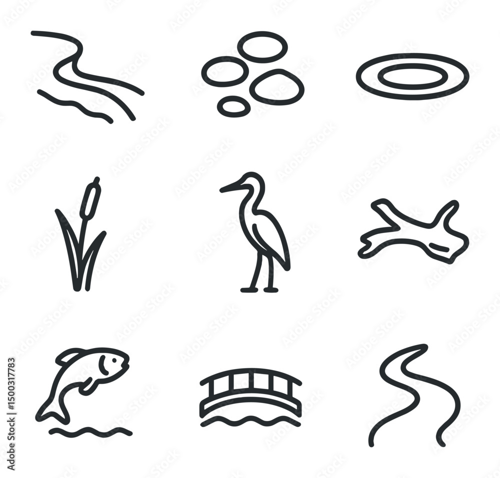 Obraz premium Riverside Walk Icons. Outline icon set of flower festival decorations: garland arch, petal carpet, floral crown, hanging bloom,