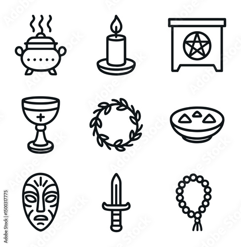 Ritual Ceremony Icons. Outline icon set of ritual ceremonies: incense burner, candle, altar, chalice, wreath, offering plate,