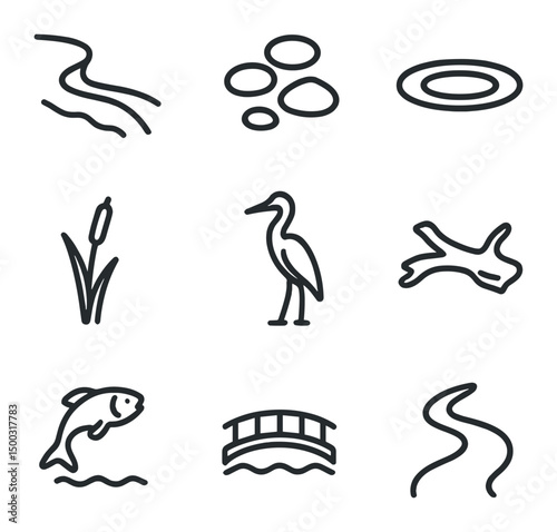 Riverside Walk Icons. Outline icon set of flower festival decorations: garland arch, petal carpet, floral crown, hanging bloom,
