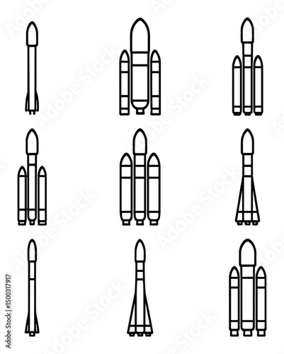 Rocket Icon Grid. Outline icon set of rockets and launch vehicles: Falcon 9, Ariane 5, Space Launch System, Atlas V, Delta IV