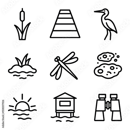 Wetland Exploration Icons. Outline icon set of wetland boardwalk path: cattail, boardwalk plank, heron, mud bank, dragonfly, algae