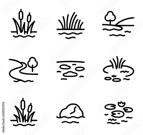 Wetland Habitat Icons. Outline icon set of wetland & shoreline habitats: reed bed, marsh, lakeshore, riverbank, mudflat, pond,
