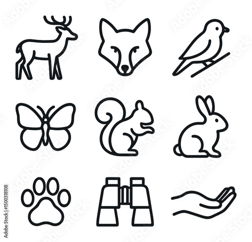 Wildlife Icon Set. Outline icon set of healthy retreat cuisine: salad bowl, fruit platter, green smoothie, herb garnish, wooden
