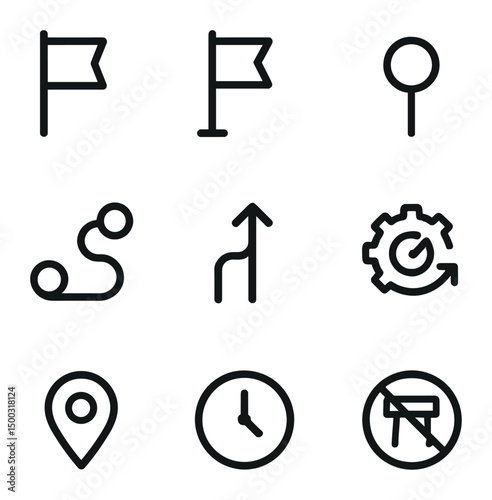 Route Planning Icons. Outline icon set of route planning: start point flag, end point flag, waypoint dot, route line, detour arrow
