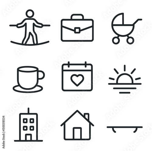 Work-Life Balance Icons. Outline icon set of work–life harmony tightrope: tightrope walker, briefcase, baby stroller, coffee cup,