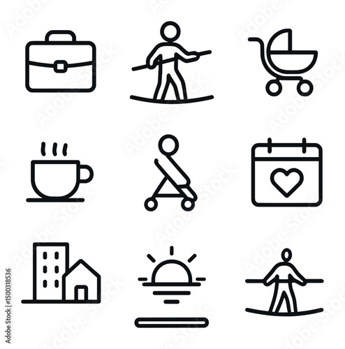 Work-Life Balance Icons. Outline icon set of work–life harmony tightrope: tightrope walker, briefcase, baby stroller, coffee cup,
