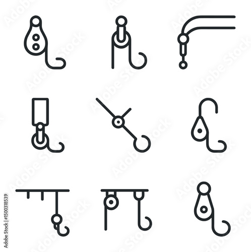 Sailing Rigging Icons. Outline icon set of sailing rigging: staysail sheet, halyard, outhaul line, downhaul, vang line, topping