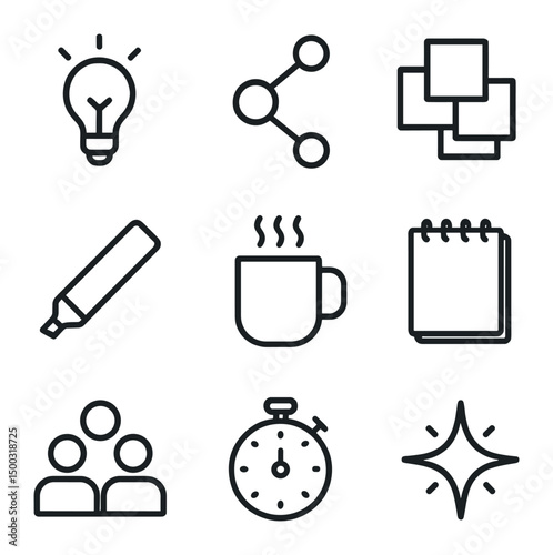 Workshop Icon Set. Outline icon set of ideation and brainstorming workshop: idea bulb, mind map, sticky note cluster, marker pen,