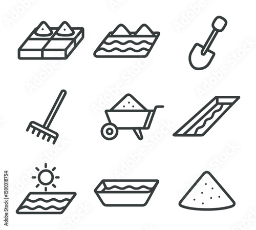 Salt Harvesting Icons. Outline icon set of salt harvesting methods: salt pans, evaporation pond, salt works shovel, wooden rake,