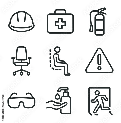 Workplace Safety Icons. Outline icon set of workplace safety & ergonomics: safety helmet, first aid kit, fire extinguisher,
