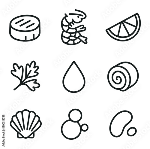 Seafood Icon Set. Outline icon set of seafood plating: seared scallop, prawns stack, lemon wedge, parsley sprig, roe drop, seaweed