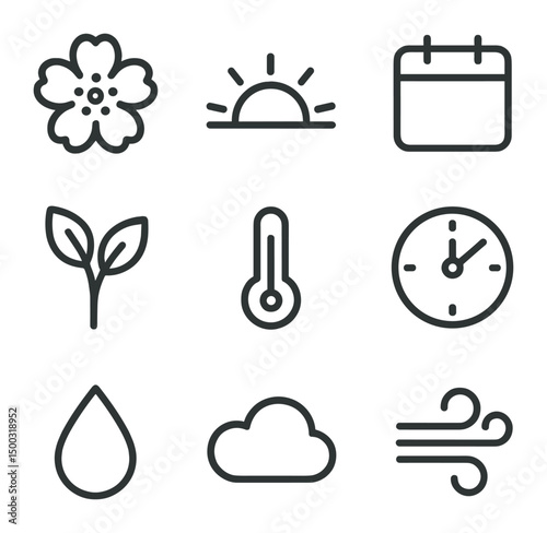 Seasonal Icon Set. Outline icon set of seasonal timing cues: spring blossom, sunrise, calendar page, budding leaf, temperature