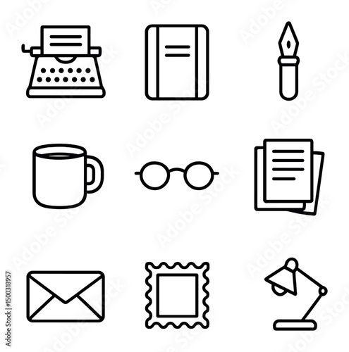 Writing Tools Icons. Outline icon set of author writing tools: typewriter, notebook, fountain pen, coffee mug, eyeglasses,