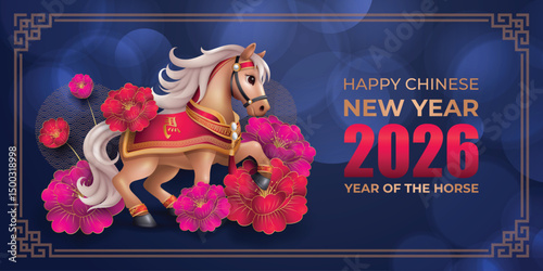 Chinese New Year 2026 banner, year of the horse with blue color design Translation : Horse