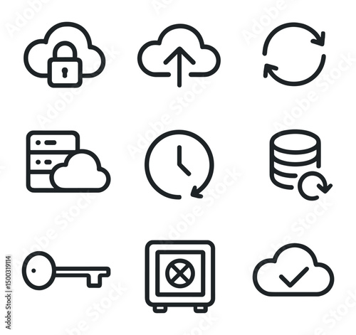 Secure Cloud Icon Set. Outline icon set of secure cloud backups: cloud with lock, upload arrow, sync circular arrows, backup