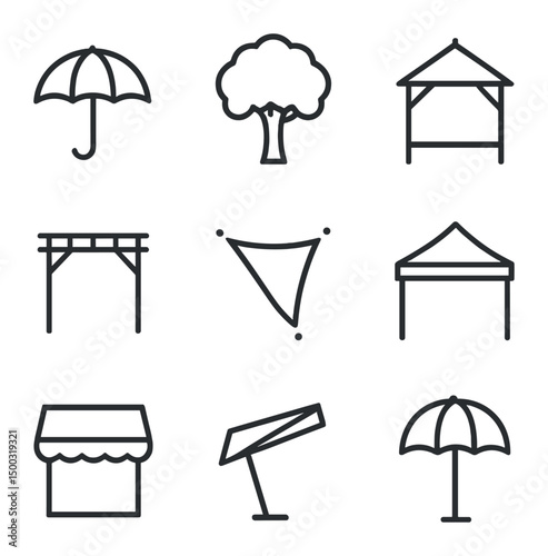 Shade Icons Collection. Outline icon set of shade & shelter: umbrella, tree canopy, gazebo, pergola, shade sail, canopy tent,
