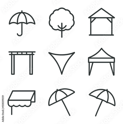 Shade Icons Collection. Outline icon set of shade & shelter: umbrella, tree canopy, gazebo, pergola, shade sail, canopy tent,