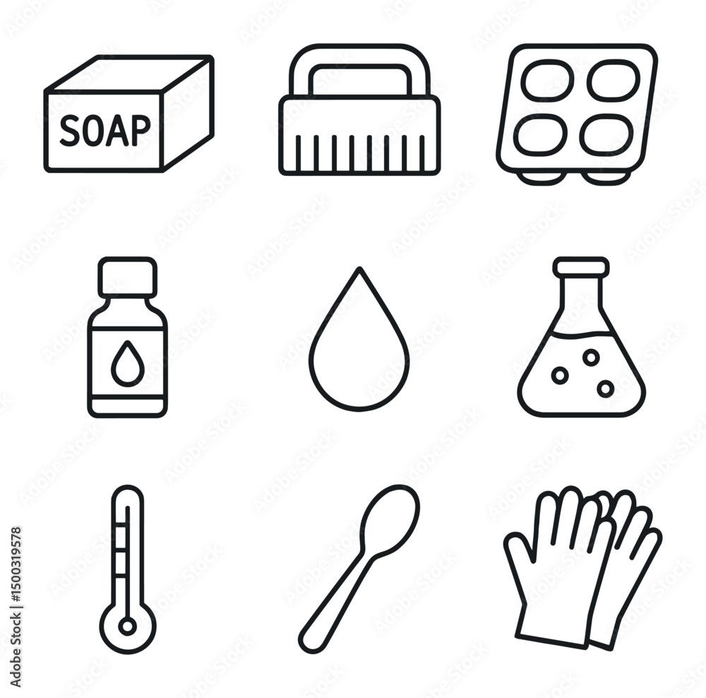 Obraz premium Soap Crafting Icons. Outline icon set of soap crafting: soap base, cutter, silicone mold, essential oil bottle, colorant droplet,