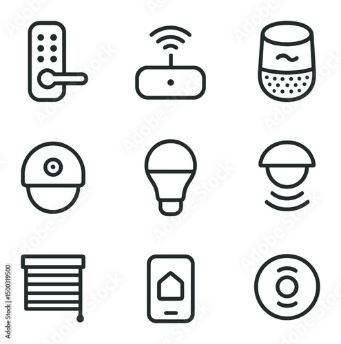 Smart Home Icons. Outline icon set of smart home integration: smart door lock, Wi-Fi hub, voice assistant speaker, security camera
