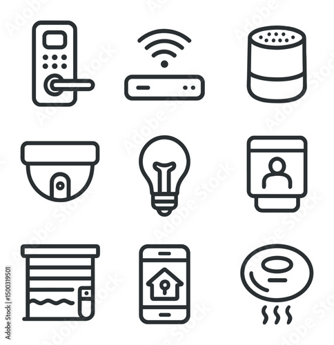 Smart Home Icons. Outline icon set of historic façade renovation: brick masonry, stone lintel, decorative cornice, wrought iron