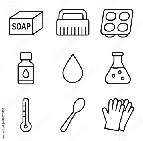 Soap Crafting Icons. Outline icon set of soap crafting: soap base, cutter, silicone mold, essential oil bottle, colorant droplet,