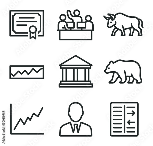 Stock Market Icons. Outline icon set of stock market basics: stock certificate, trading floor, bull, bear, ticker tape, exchange