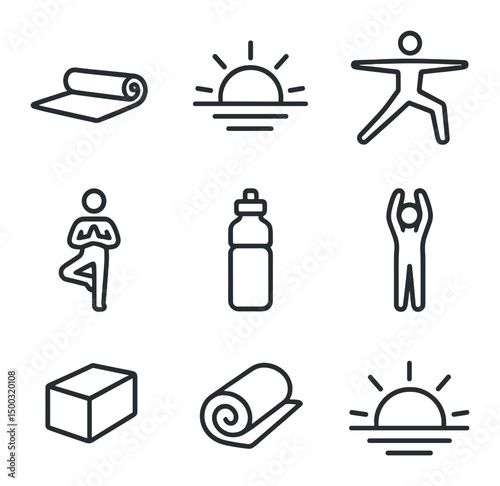 Sunrise Yoga Icons. Outline icon set of sunrise yoga session: yoga mat, sun rising, warrior pose, balance tree pose, water bottle,