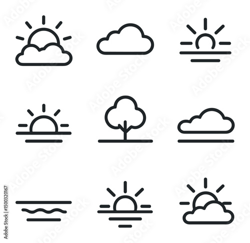 Sunset Line Icons. Outline icon set of emergency response winning team: first responder helmet, medical cross, fire badge, rescue