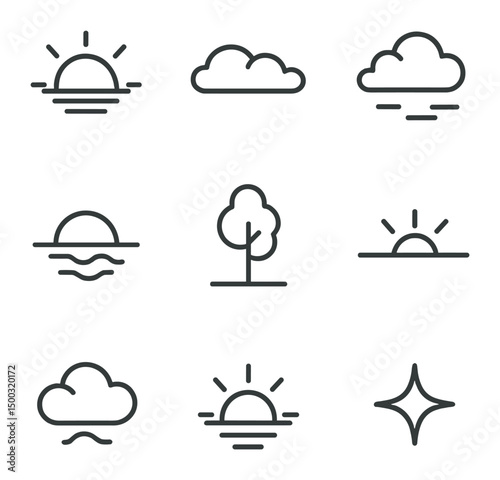 Sunset Line Icons. Outline icon set of sunset glow through clouds: sun half-set, orange streak, purple clouds, golden edge,
