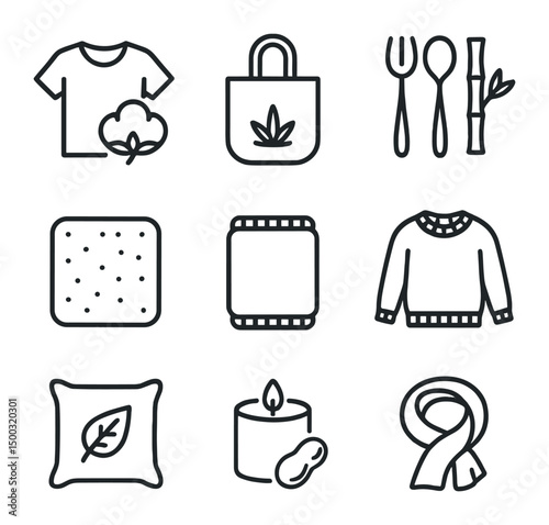 Sustainable Material Icons. Outline icon set of organic material products: cotton T-shirt, hemp tote, bamboo utensil, cork coaster
