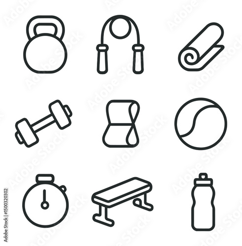 Tabata Equipment Icons. Outline icon set of Tabata equipment: kettlebell, jump rope, yoga mat, dumbbell, resistance band, medicine