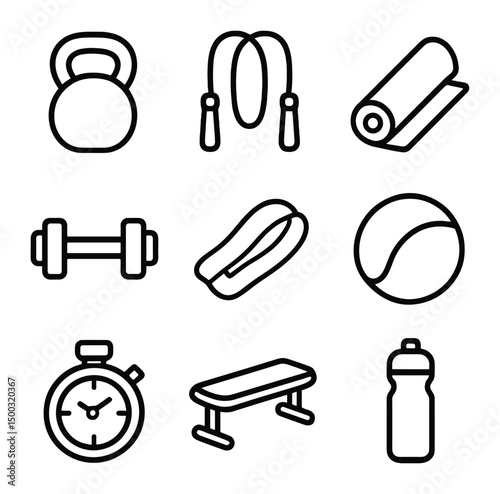 Tabata Equipment Icons. Outline icon set of Tabata equipment: kettlebell, jump rope, yoga mat, dumbbell, resistance band, medicine
